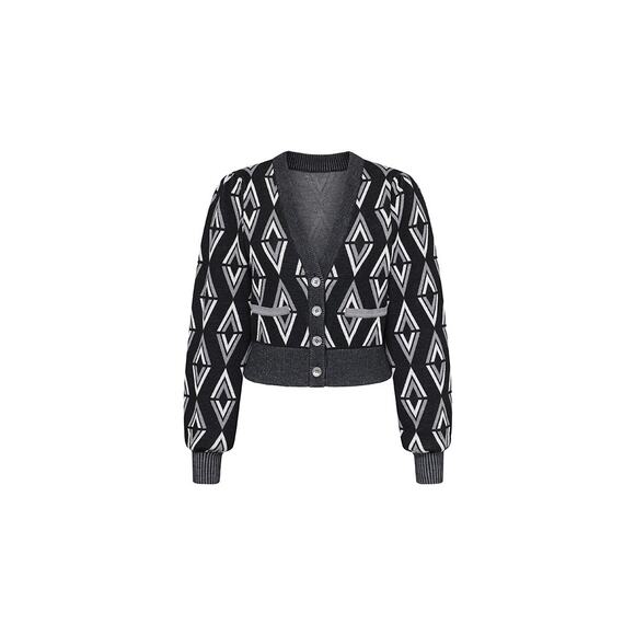 AUTUMN ADEIGO Black Knit Geometric Logo Motif Wool Cropped Cardigan Size Large - Picture 8 of 9